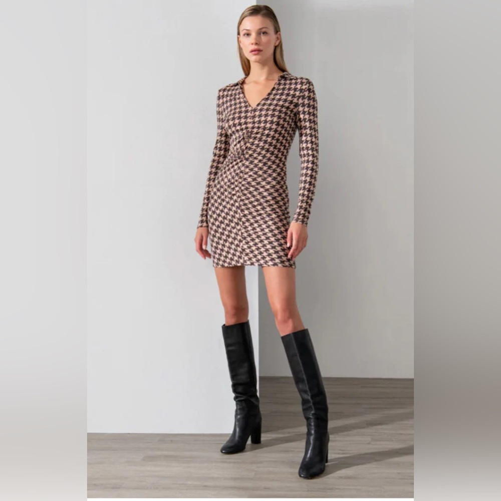 Sanctuary Black and Tan Houndstooth Ruched Knit Dress Sz L NEW With Tag